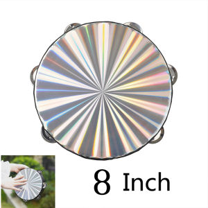 8/10 Inch Wooden Radiant Tambourine Handbell Hand Drum with Double Row Jingles Reflective Drum Head