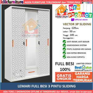 Lemari Pakaian Besi 3 Pintu Sliding VECTOR 3P + Cermin Laci