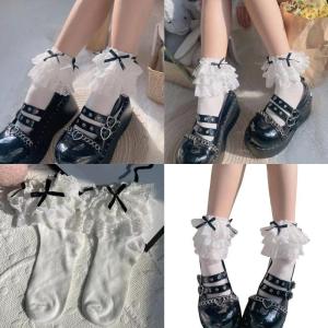 Cute Frilly Ankle Socks for Women Bowknot Accent Japanese Elegant Princess Styles Layered Lace Ruffle Trim Cotton Socks