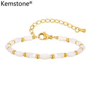 Kemstone Vòng đeo tay đính cườm vỏ trắng cổ điển cho phụ nữ thép không gỉ kiểu Pháp trang sức