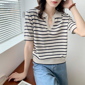 CORE Striped Short-sleeved T-shirt Womens Summer Loose All-match V-neck Top