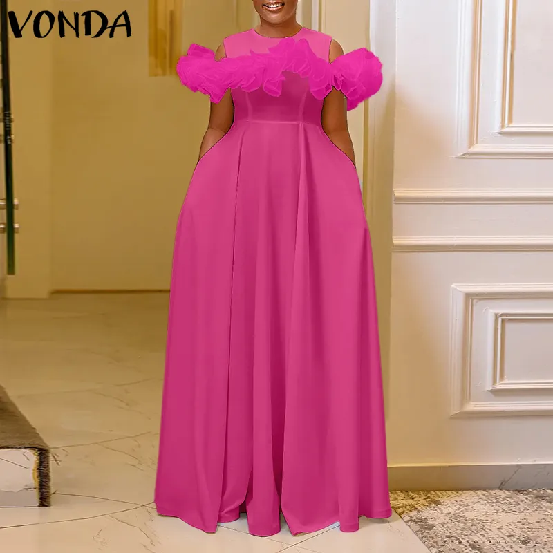 VONDA Women Elegant Crew Neck Ruffle Long Dress Fashion Pocket X