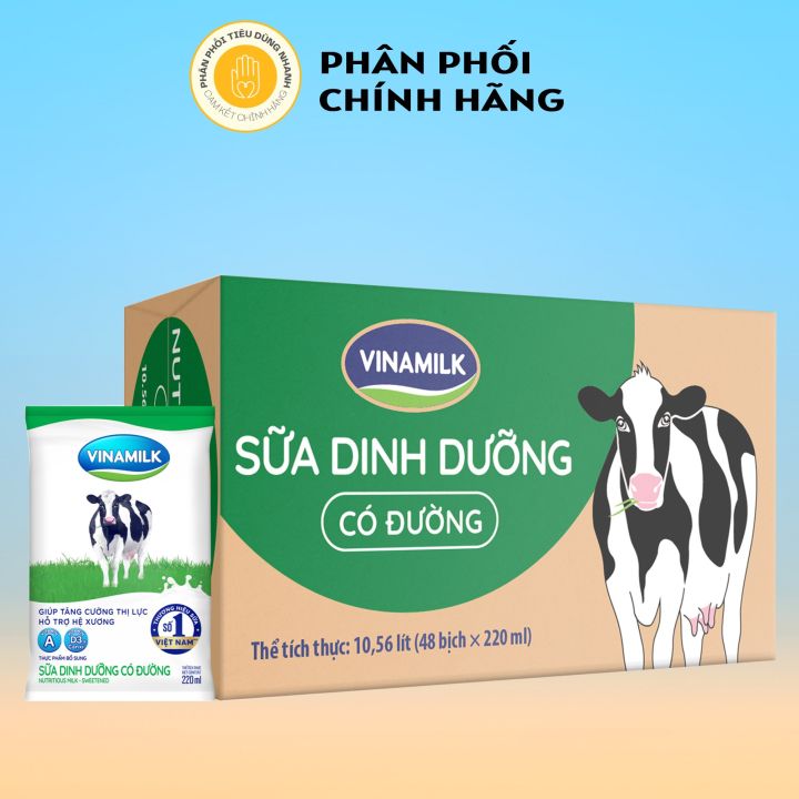 Thùng 48 Bịch Sữa Tươi Tiệt Trùng- Sữa Dinh Dưỡng Vinamilk 220ml - Có Đường