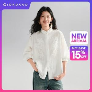 Giordano Women Lace embroidered applique ruffle collar shirt Free Shipping 18346628