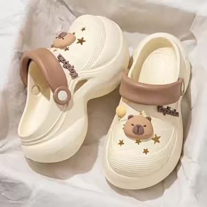 [Free Shipping] Thick-Soled High-Heeled Sandals For Women Perforated Shoes For Outdoor Wear Slip-On Beach Sandals Home Slippers WomenS Closed-Toe Slippers