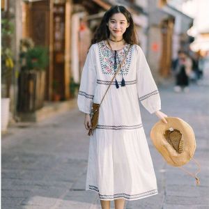 Váy phong cách dân tộc của hàng hiệu cho phụ nữ Luckin với váy tay áo phồng thêu cho bảo vệ khỏi ánh mặt trời và váy du lịch dáng rộng áo cánh cỡ lỡn