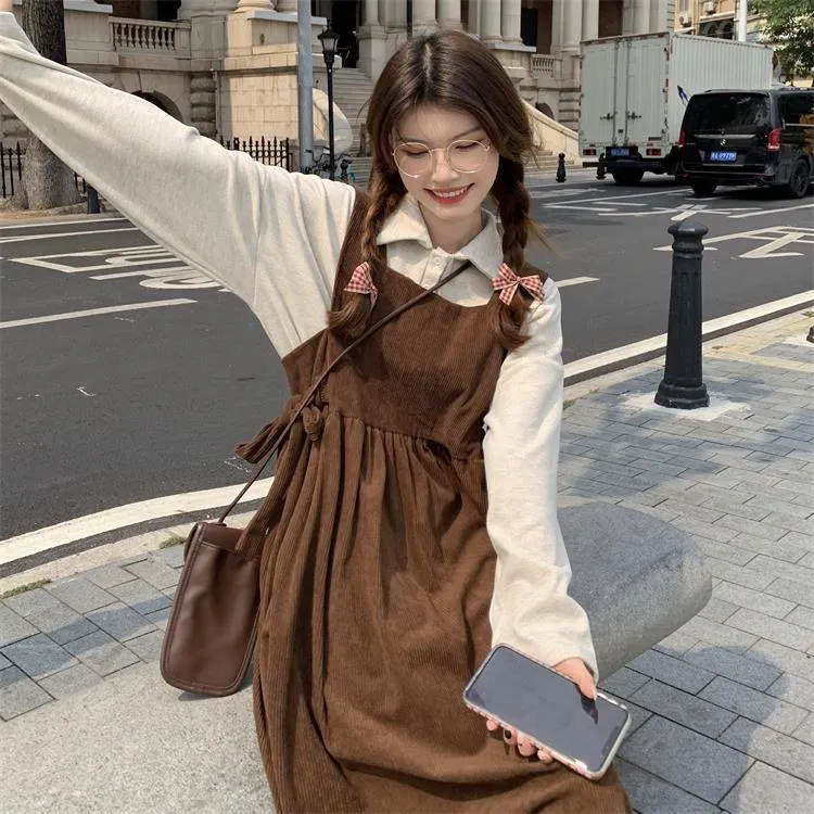College-Style Daisy Dungaree Dress Women's Korean-Style Loose-Fit  Mid-Length Cute Suspender Skirt