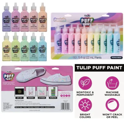 Authentic Tulip Puff Paint Pastel Colors 10-pack Multi-Surface Premium Quality Non toxic & Waterproof Craft Paint Permanent on Fabric