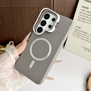 Fold Metal Lens Holder Leather Texture Case For Samsung S26 S25 S24 S23 Plus Ultra For Magsafe Solid Matte Bumper Cover