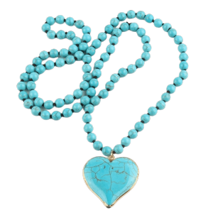 HEALMEYOU 8 mm Beads Turquoise Beaded Necklace Heart Shape Pendant Knot Design Heart Pendant Necklace Charming Jewelry Round Beads Boho Necklace Women Gift
