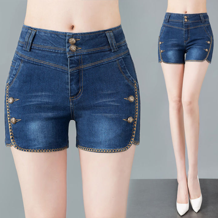 Fashion Denim Shorts Women 2023 Summer New Elastic Waist Drawcord Casual  Mid-waist Raw Denim Shorts Women Straight Pants - AliExpress