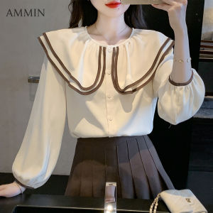 AMMIN Áo Voan Thanh Lịch Dài Tay Khâu Cổ Búp Bê Hai Lớp Mới Xuân Thu 2023 Áo Cánh Cổ Tròn Tay Phồng Phong Cách Hàn Quốc Cho Nữ