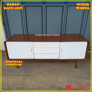 bufet tv minimalis kayu jati warna natural kombinasi duco rak tv minimalis kayu jati