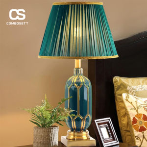 Đèn ngủ để bàn phong cách Bắc Âu thân gốm cao cấp phủ bóng chào đèn Vải đệt tay Đèn tủ tab đầu giường Neoclassical Style nghệ thuật tân cổ điển - Combosett