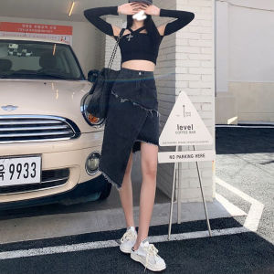 Gaun Denim Tidak Biasa Gaun A-garis Panjang Hitam Wanita