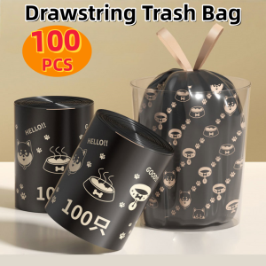 100pcs/Roll Drawstring Garbage Bag Thickened Automatic Closing Kitchen Trash Bags Thickened and Enlarged Garbage Bags High Temperature Resistant Drawstring Garbage Bag