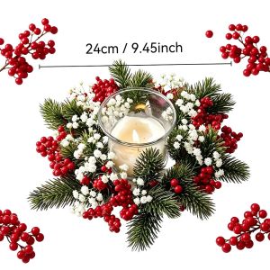 GIORGIONE Làm thủ công Vòng hoa nến Giáng sinh 20cm Tự làm Cành thông giả Nhà máy mô phỏng Thanh lịch Vòng hoa nến quả dâu đỏ Năm Mới