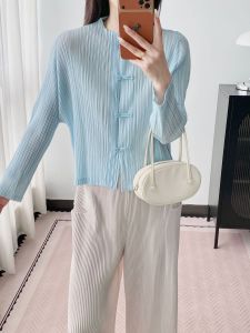 KESHANGYI Womens New Chinese Style Pleated Long Sleeve Blouse 2026 New Arrival Crew Neck Plain Color Elegant Commute Top