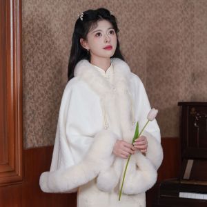 Warm Thicken Plush Chinese Style Cloak Wrap Elegant Women Knitted Cloak Short Shawl Plush Evening Capes Female h260430