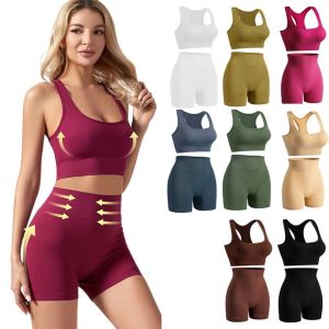 BLACKON 2 Pieces Seamless Workout Outfits Ribbed High Waist Short Yoga Tank Sets Breathable Round Neck Activewear Set Women
