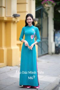 Áo Dài Lụa Mỹ Cao Cấp Họa Tiết Thêu Thủ Công Tỉ Mỉ - Mã M6 Màu Xanh