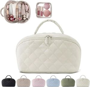 MINGRI Petition Makeup Bag for Travel women Large Capacity Petition Cosmetic Bag 2 Pcs Petition Toiletry Bag Spacious 180° Open Cosmetic Organizer for Toiletries & Brushes With Compartments(White