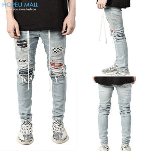 HOPEU Patchwork Printed Skinny Ripped Jeans for Men Long Pants Man Jens Pants for Men Slim Fit Skinny New Style Denim Pants Men Jeans Distressed Stretchable Elastic Biker Jogger Jins Rip Zipper Casual Trousers