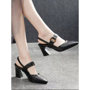 Free Shipping Summer Open-Back Sandals For Women Casual Square-Toe Horseshoe Heel Chunky Heel High-Heeled Leather Shoes Small-Toe Half-Slipper Style