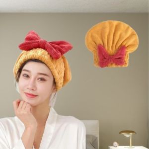 Khăn quấn đầu vải nhung san hô thấm nước – Hình nơ dễ thương nhanh khô sau khi gội có chun co giãn