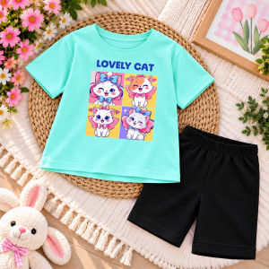 Bộ Đồ Bé Gái LOVELY CAT Thun Cotton Mềm Mát Quần Short Đen Cá Tính | Thời Trang Trẻ Em SUKAKIDS .BGL78.
