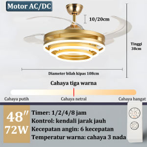 GOGEOUS Lampu kipas angin gantung plafon ruang tamu modern dan sederhana kristal kipas lampu gantung hias 2in1 3 warna 6 kecepatan 48 inci lampu kipas angin remote