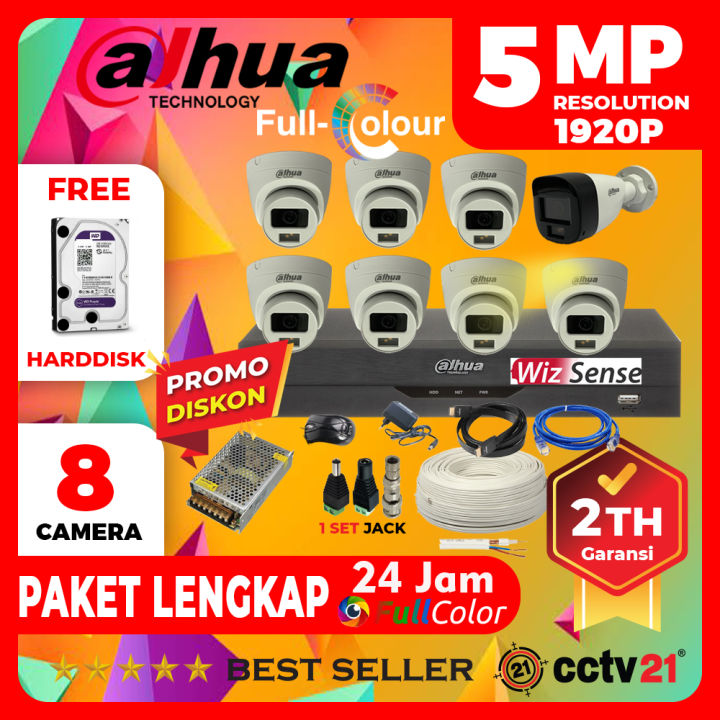 Paket CCTV DAHUA 5MP Full COLOR Colorvu 8CH Channe Lengkap+Kabel