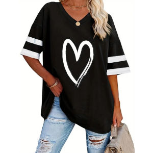 [Local Stock] ZEEMIN Summer Heart-Shaped 3D Print T-shirt Women Streetwear Casual T Shirts Y2k Tops Woman Harajuku V-Neck Tees Oversized Clothing