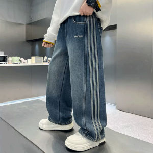 Korean Style Streetwear Kids Boys Casual Straight Loose Fit Elastic Waist Denim Jeans Pants Trousers With Real Pockets Graphic Print