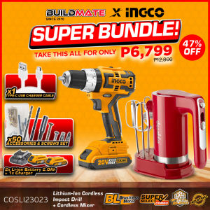 Buildmate x INGCO 20V Lithium-Ion Cordless Impact Drill Gun Driver Screw Set CIDLI200215 / COSLI23023 / CIDLI201452 - ICPT