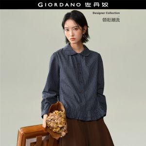 GIORDANO Women Shirts Doll Collar Ruffle Hem Windowpane Shirts Long Sleeve Fashionable Casual Loose Shirts 18346520