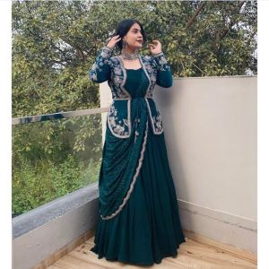 LAUNCHING NEW DESIGNER BOLLYWOOD KOTI WITH GOWN CHINE STITCH WORK DRESS