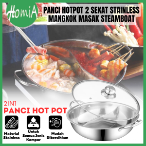 Panci Hotpot 2 Sekat Stainless 28Cm Suki Pan Hot Pot Mangkuk Rebus Soup Shabu Steamboat Kuali Sayur Sop 2in1 Dandang Steamer Dua Rasa - HOMIA