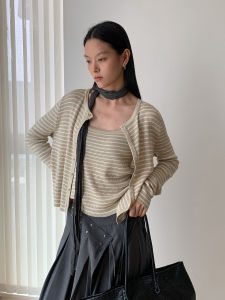 2026 Early Fall Women Vintage Striped Knit 2Pcs Set Crew Neck Single Breasted Cardigan