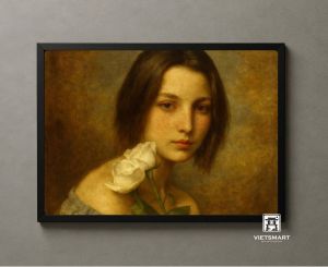 Tranh Nghệ thuật "Cô Gái Bên Hoa Hồng Trắng" VIETSMART ART - Sơn dầu 60 x 90cm