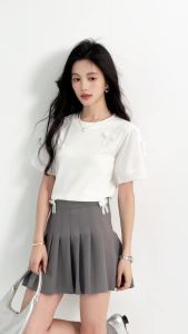 AMMIN Korean Style Simple Round Neck White Puff Sleeve Short Sleeve Cotton T-Shirt for Women 2025 Summer New Sweet Style 3D Bow Design Short Sleeve Casual Elegant Blouse