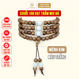 Vòng tay chuỗi 108 hạt trầm hương mix đá màu mệnh kim mộc thủy hỏa thổ Sơn Mộc Hương đeo tay nam nữ mang ý nghĩa phong thủy may mắn tài lộc