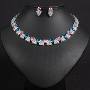 TU3Y Triangle Shape Necklace Earring Set Pave Setting Shiny Zirconia Bridal Jewelry Set Luxury Clavicle Choker Party Jewelry Set For Women