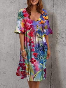 2023 New Four Seasons Hot Push Europe and America Cross Border Foreign Trade Womens Clothing round Neck Shirt with Half Sleeve Dress Multicolor Printed Skirt ㏇L0514