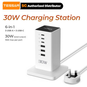 TESSAN SG Desktop Charging Station – 30W Power Tower with 6 Ports & USB-C for Multi-Device Charging Tower Charge