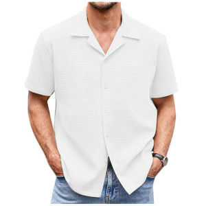 HUILISHI Business Fashion Cuban Collar Waffle Summer Casual Mens Short Sleeve Shirt