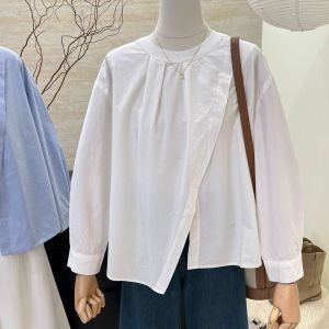 AB [ready stock] Elegant New Women Round-Neck Button-Through Blouse in Light Blue