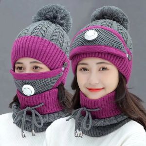 Knitted Winter Benies Pompom Hat Scarf Masker 3 in 1 Import