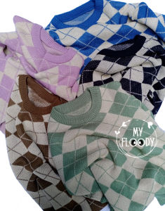 Sweater Rajut Korea Wanita Motif Belah Ketupat Printing PREMIUM TEBAL Crewneck By MyFloody