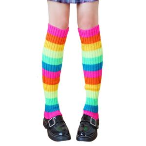 Women 80s Retro Party Ribbed Knit Leg Warmers Neon Rainbow Multicolor Striped Foot Cover Sleeve Dance Sport Long Socks